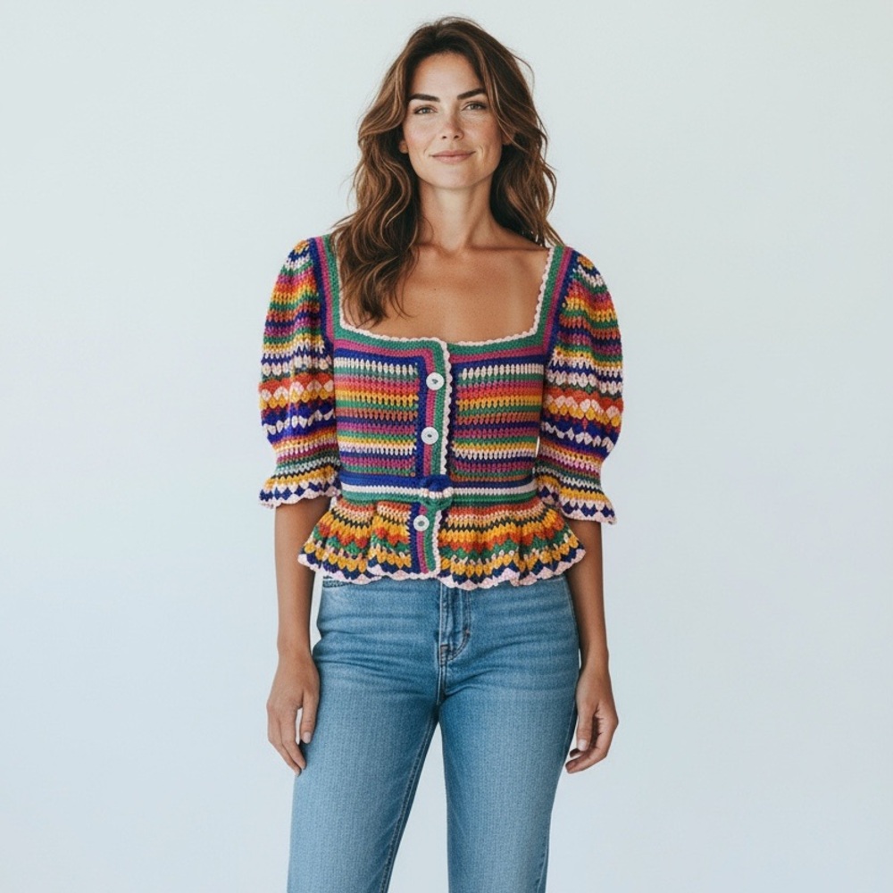 FARM Rio Multicolor Crochet Peplum Sweater - Rainbow Stripes